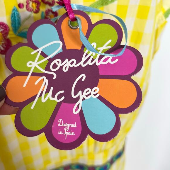 Rosalita McGee Womens Dress L Yellow Gingham Floral Embroidered Cotton Colorful - Picture 6 of 12